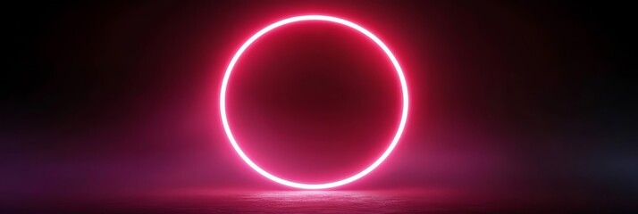 Naklejka premium Neon light glow forms a round background with an abstract frame. A radiant ring effect creates a 3D gradient circle, an element of pink and purple portal design