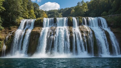 Fototapeta premium Waterfall cascading over rocky cliffs surrounded by lush green forest under a blue sky with white clouds