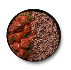 Tasty meatballs with sauce and brown rice isolated on white, top view