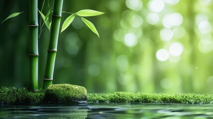 Obraz premium on moss, a green bamboo, green bamboo leaves, waterhole, real, blurred green background Generative AI