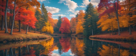 Naklejka premium Autumn landscape with vibrant orange and red foliage reflected in calm water under a blue sky with fluffy clouds