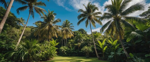 Obraz premium Tropical landscape with tall palm trees and lush greenery under a blue sky in a natural setting
