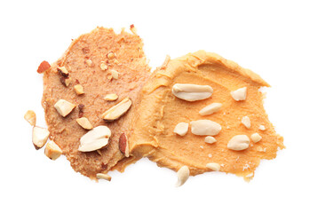 Different nut butters and nuts isolated on white, top view