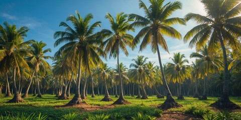 Obraz premium Lush green coconut palm trees in tropical landscape under clear blue sky during daylight