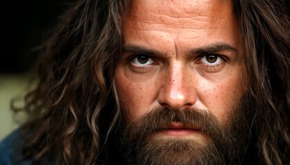 A close-up shot of a man's face with long hair.