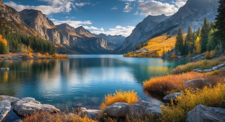 Fototapeta premium Mountain landscape with lake and autumn foliage reflecting in water under a blue sky with clouds in the background