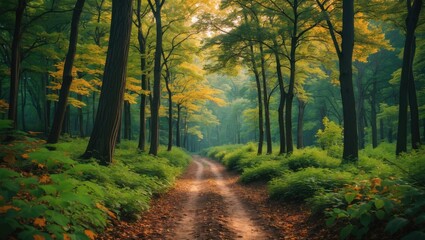 Naklejka premium dirt path winding through lush green forest with sunlight filtering through trees and autumn foliage