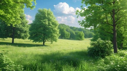 Obraz premium Lush green meadow landscape with trees under a blue sky and fluffy white clouds during sunny day in a serene natural setting