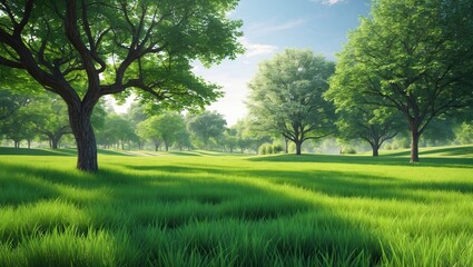 Fototapeta premium Lush green landscape with trees under a clear blue sky in a tranquil park setting during daylight hours