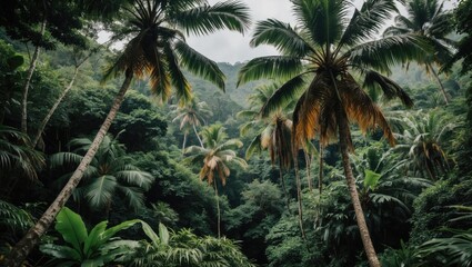 Lush tropical rainforest landscape with tall palm trees and dense greenery under overcast sky