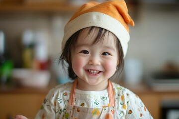 Happy toddler in kitchen wearing apron and orange hat
