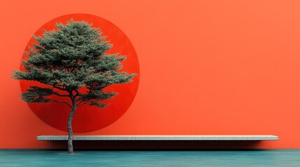 Minimalist Zen Tree Shelf Orange Background