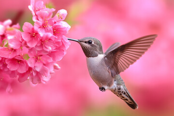 Graceful Hummingbird Feeding on Pink Blossoms – Nature’s Delicate Beauty