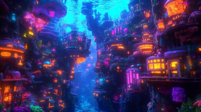A cyberpunk-inspired city deep under the sea, glowing in the abyss.