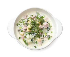 Delicious okroshka soup in bowl isolated on white, top view