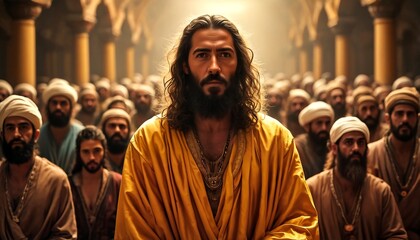 Jesus Christ surrounded by his followers in an ancient building.