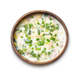 Delicious okroshka soup with kefir isolated on white, top view