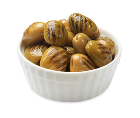 Grilled green olives in bowl isolated on white
