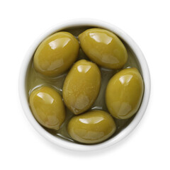 Delicious marinated green olives in bowl isolated on white, top view