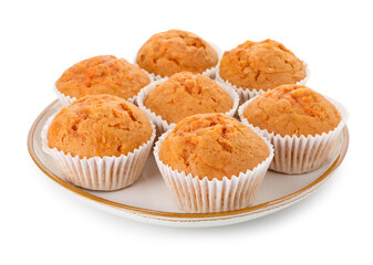 Tasty sweet carrot muffins isolated on white