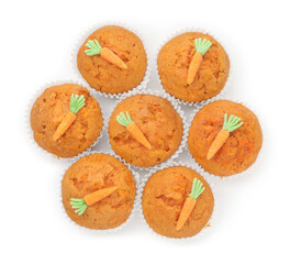 Tasty carrot muffins isolated on white, top view