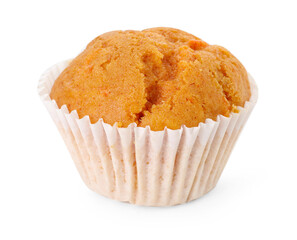 Tasty sweet carrot muffin isolated on white