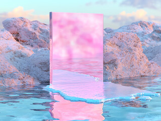 Ethereal reflection a serene pink mirror standing on water surrounded by rocks and dreamy clouds at sunset