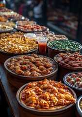 Obraz premium Football Game Day Table Overflowing with Pizza, Wings, Chips and Snacks