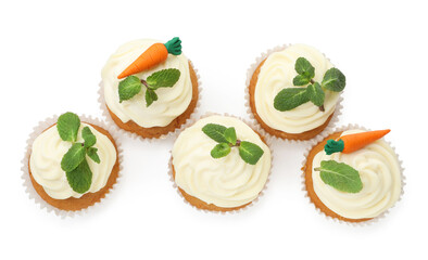 Delicious carrot cupcakes with mint isolated on white, top view