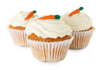 Delicious carrot cupcakes isolated on white. Yummy dessert