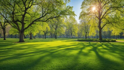 Naklejka premium Vibrant green park landscape under sunlight with large trees casting shadows on well-maintained grass field