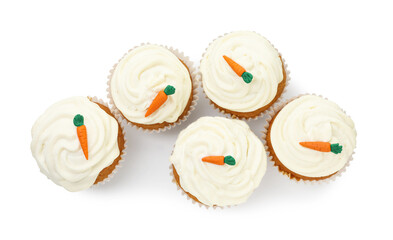 Delicious carrot cupcakes isolated on white, top view