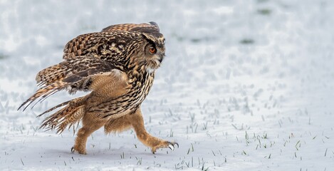 Owl walking on snow with wings spread.
