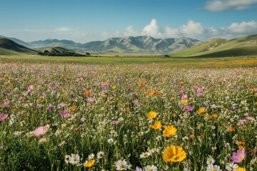 Obraz premium A vibrant field of blooming flowers with towering mountains behind