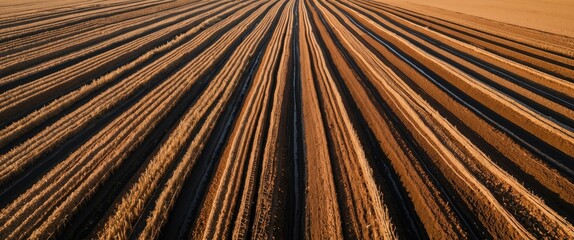 Obraz premium Aerial view of agricultural field with neatly arranged brown furrows and plowed soil creating a geometric pattern under sunlight