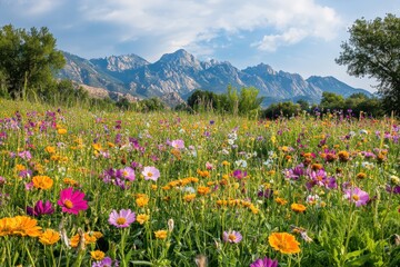 A vibrant field of blooming flowers with towering mountains behind