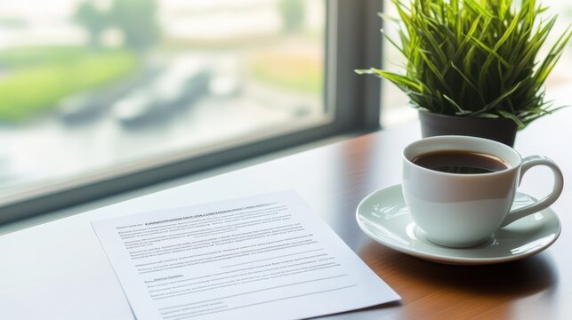 Resignation letter on a desk next to a coffee cup and plant. Featuring career transition and empowerment