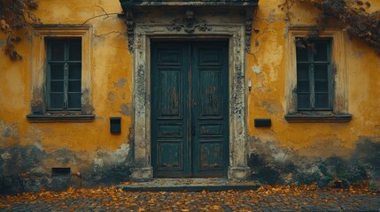 Autumnal Old Doorway, Weathered Exterior, Fallen Leaves