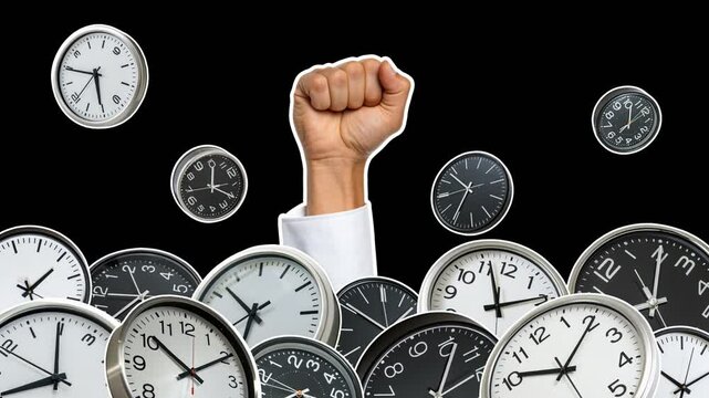 Many office clocks fall from above, a hand in a white shirt breaks through the pile of clocks. Concept of lack of time. Empty space for text. Smooth animation on transparent background