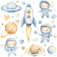 Hand-Painted Space Journey with Little Astronauts. Pastel Space Scene with Rockets and Planets. Cute Cartoon Astronaut Kids in Outer Space