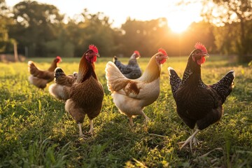 A small group of chickens is standing together in a grassy field