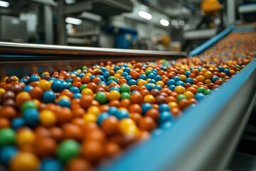 Fototapeta premium Colorful candies on conveyor belt in food factory