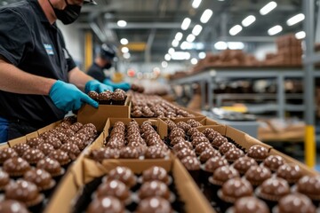 Fototapeta premium Worker packing chocolates on factory production line