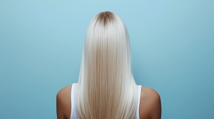 Fototapeta premium Woman showing long straight blond hair on blue background