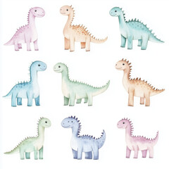 Adorable Watercolor Baby Dinosaurs Collection. Whimsical Baby Dino Sticker Pack. Pastel Cute Dino Illustration Set