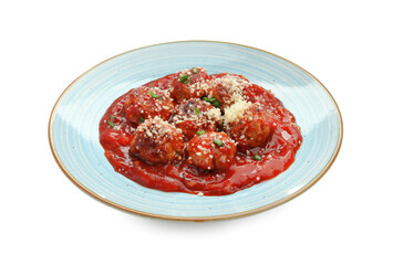 Delicious meatballs with tomato sauce, parmesan cheese and herbs isolated on white