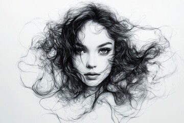 Fototapeta premium Artistic portrayal of a woman with flowing hair showcasing intricate detail and emotion in a black-and-white artistic expression