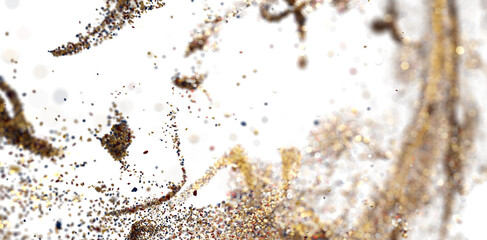 Abstract gold glitter explosion on white. Perfect for festive designs, luxury branding, and holiday themes.