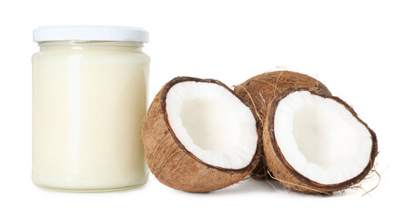 Coconuts and cooking oil isolated on white