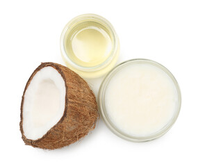 Cooking oils in glass jars and half of coconut isolated on white, top view